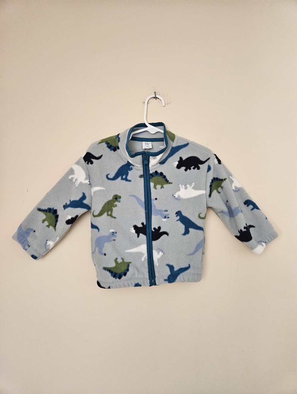 GAP Baby Fleece Zip Up with Blue and Green Dinosaurs, Size 12-18 Months